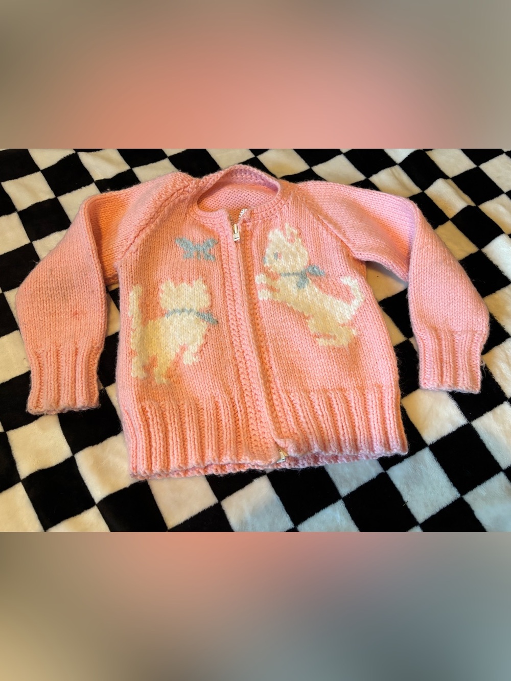 Vintage knit kitty cat pink zip up sweater